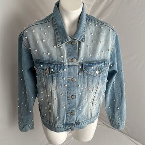 Superdown white pearl embellished light wash blue denim jacket